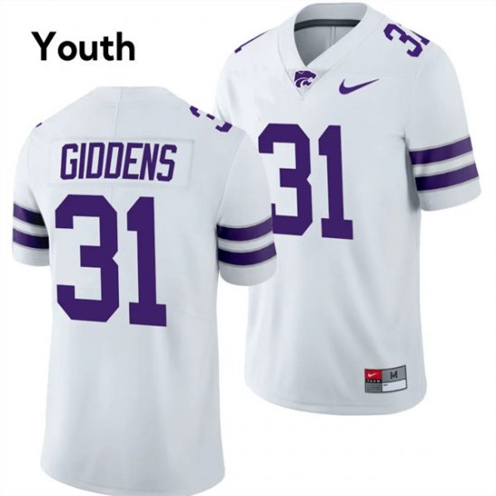 University #31 DJ Giddens Kansas State Wildcats Youth Football Stitched Jersey -White